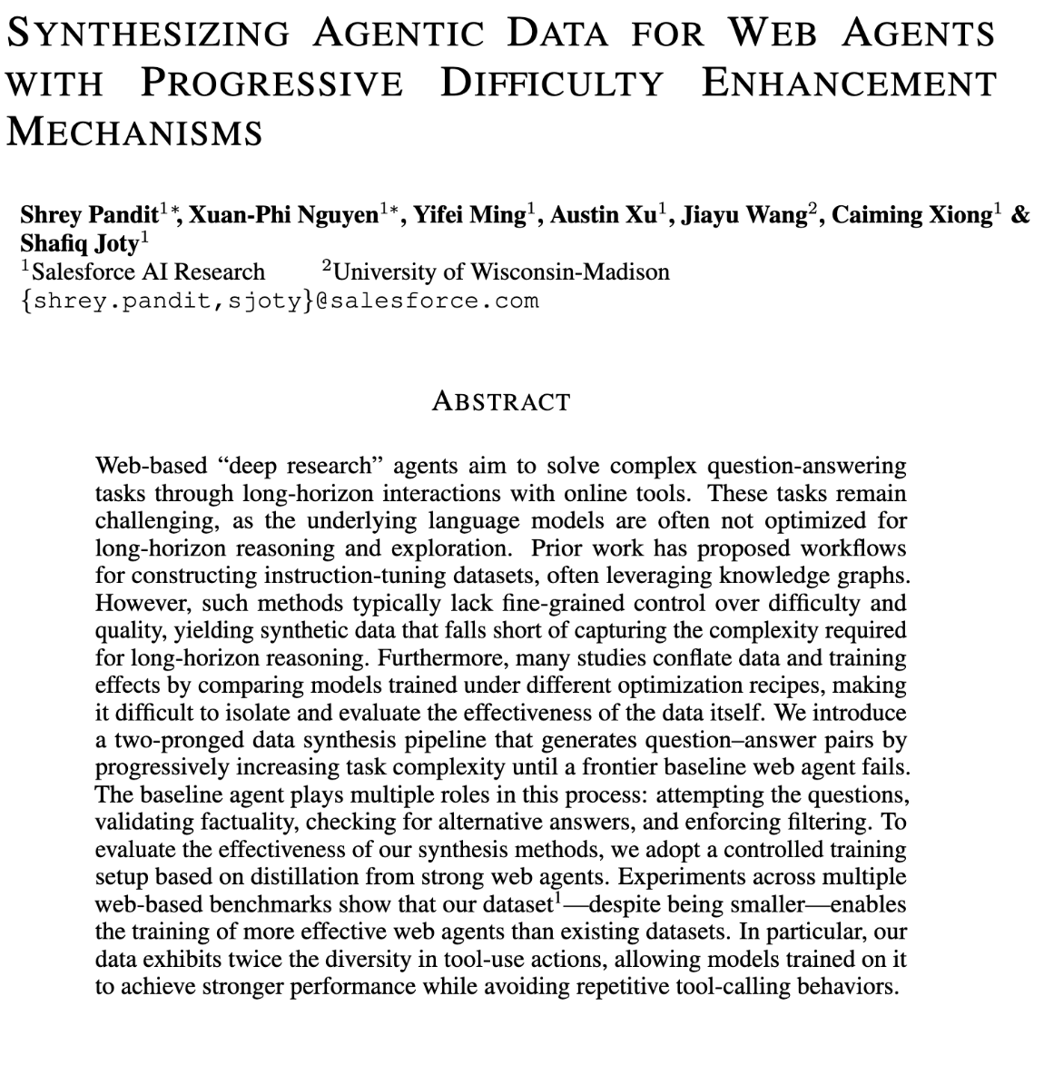 CaimingXiong's tweet image. One of the key challenges for building web-based “deep research” agents is to construct sufficiently difficult long-horizon agentic data.
At @SFResearch, We introduce ProgSearch, a controlled data synthesis pipeline that builds tasks of increasing complexity until a frontier…