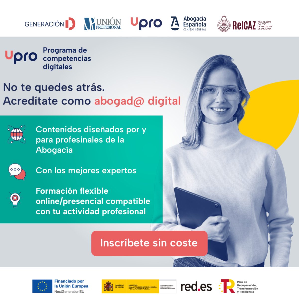 🚀¡Ya está abierta la inscripción para #Upro, el programa de competencias digitales de la Abogacía, <a href="/UProfesional/">Unión Profesional</a> y @Redpuntoes!
Formación práctica, sin coste y con fondos europeos.
¡No te quedes atrás! Inscríbete 👇
competenciasdigitales.abogacia.es