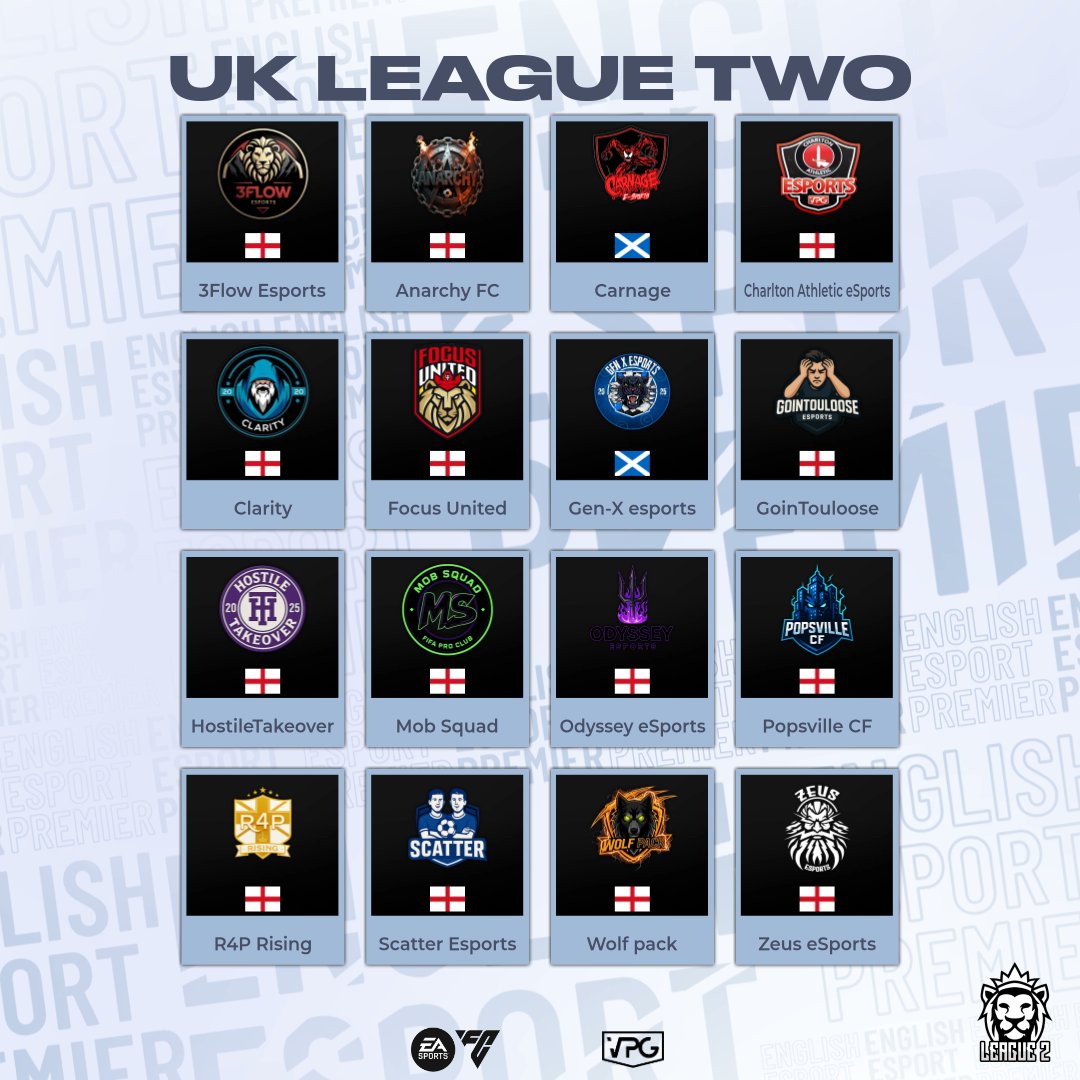 ⚽ Welcome to the <a href="/VPGUK/">VPG United Kingdom</a> League 2!
🎮 We’re BACK for the first season on <a href="/EASPORTSFC/">EA SPORTS FC</a>!
🗓️ Matchdays: Mon, Tue &amp; Thu
⏰ 20:00–20:25 UK Time

📋 Teams list:
<a href="/3flow_eSports/">3Flow eSports</a> 
<a href="/CarnageEAFC/">Carnage</a> 
<a href="/CAFCesports/">Charlton Athletic eSports</a> 
<a href="/ClarityEAFC/">Clarity</a> 
<a href="/FocusVFC/">Focus</a> 
<a href="/Gen_Xesports/">VPG Gen X Esports</a> 
<a href="/VPGgointouloose/">VPG GoinTouLoose</a> 
<a href="/HostileTakeFC/">HostileTakeover</a>