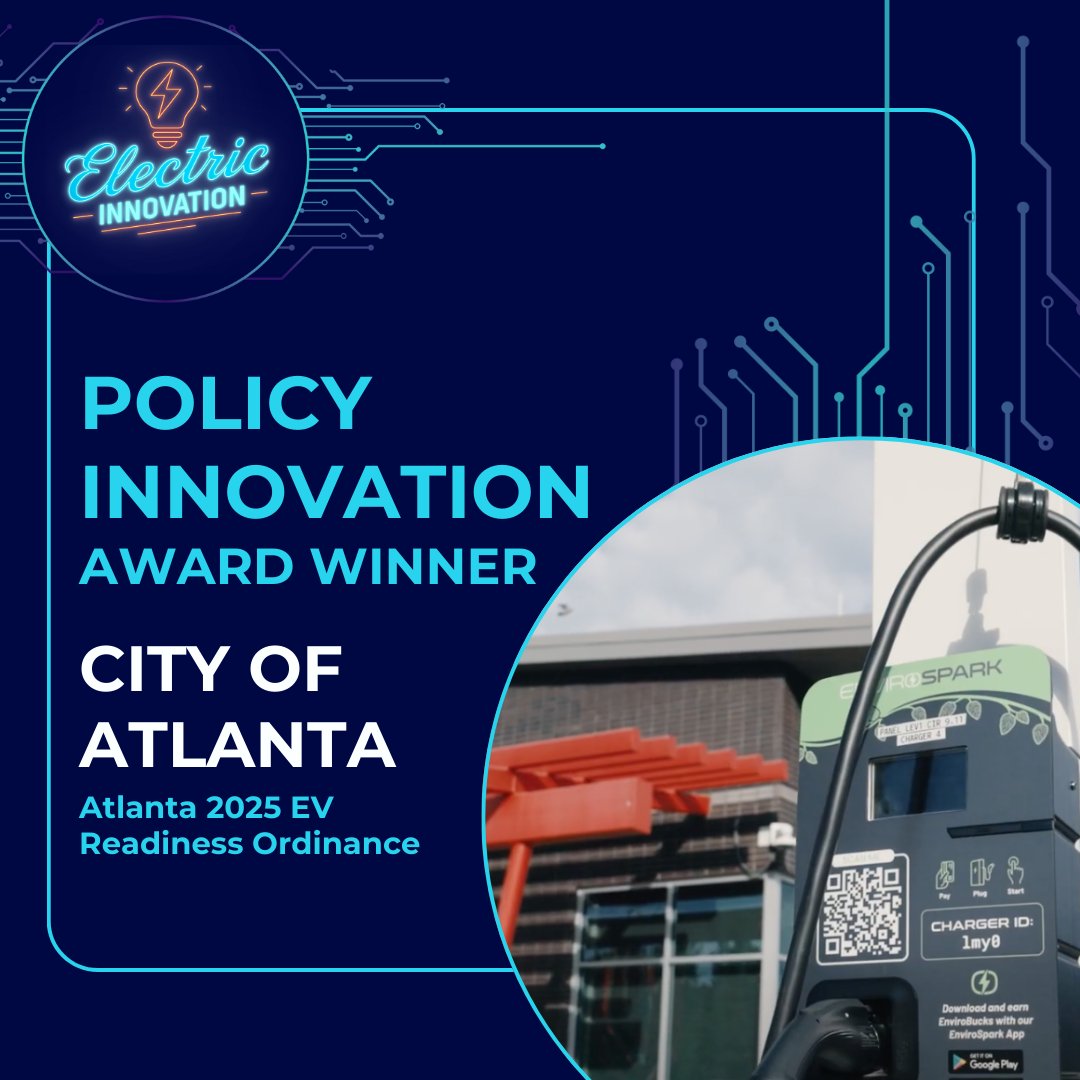 ElectricInno's tweet image. Cities have incredible opportunities to pursue electrification solutions. As our 2025 Policy Innovation winner the @CityofAtlanta is a perfect example of how local investment and policies can make electrification accessible for all. Follow us this week as we highlight their work!