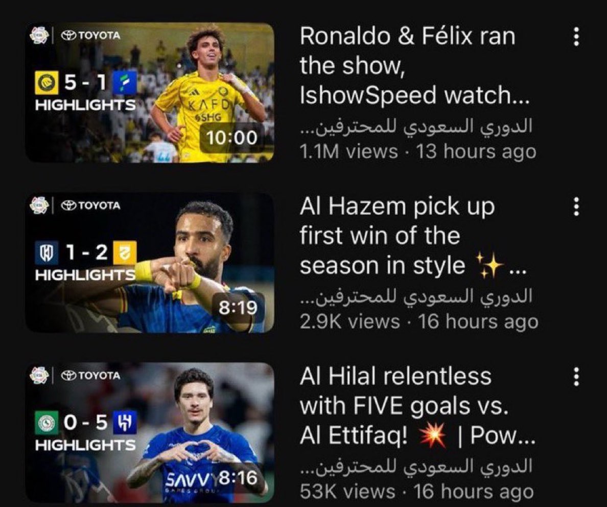 🚨🚨🚨🚨🚨

مباراة #النصر ضد الفتح وصلت إلى مليون مشاهدة في 13 ساعة فقط 😱

مباراة الهلال والاتفاق وصلت إلى 53 الف مشاهدة فقط .