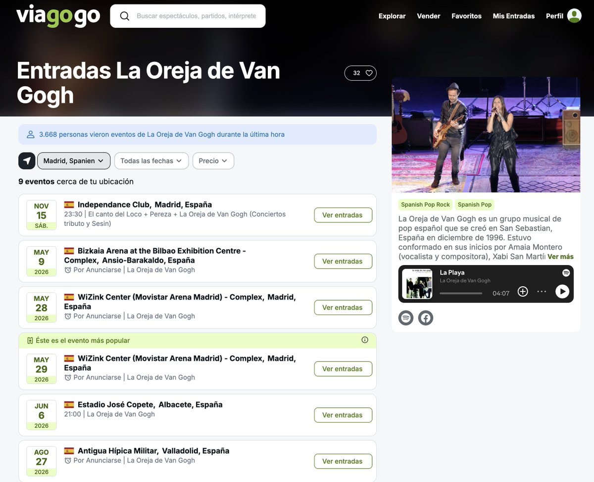 Viagogo, eres muy fuerte (mirad la foto).

Entradas agotadas para ver a La Oreja de Van Gogh y ya en reventa.