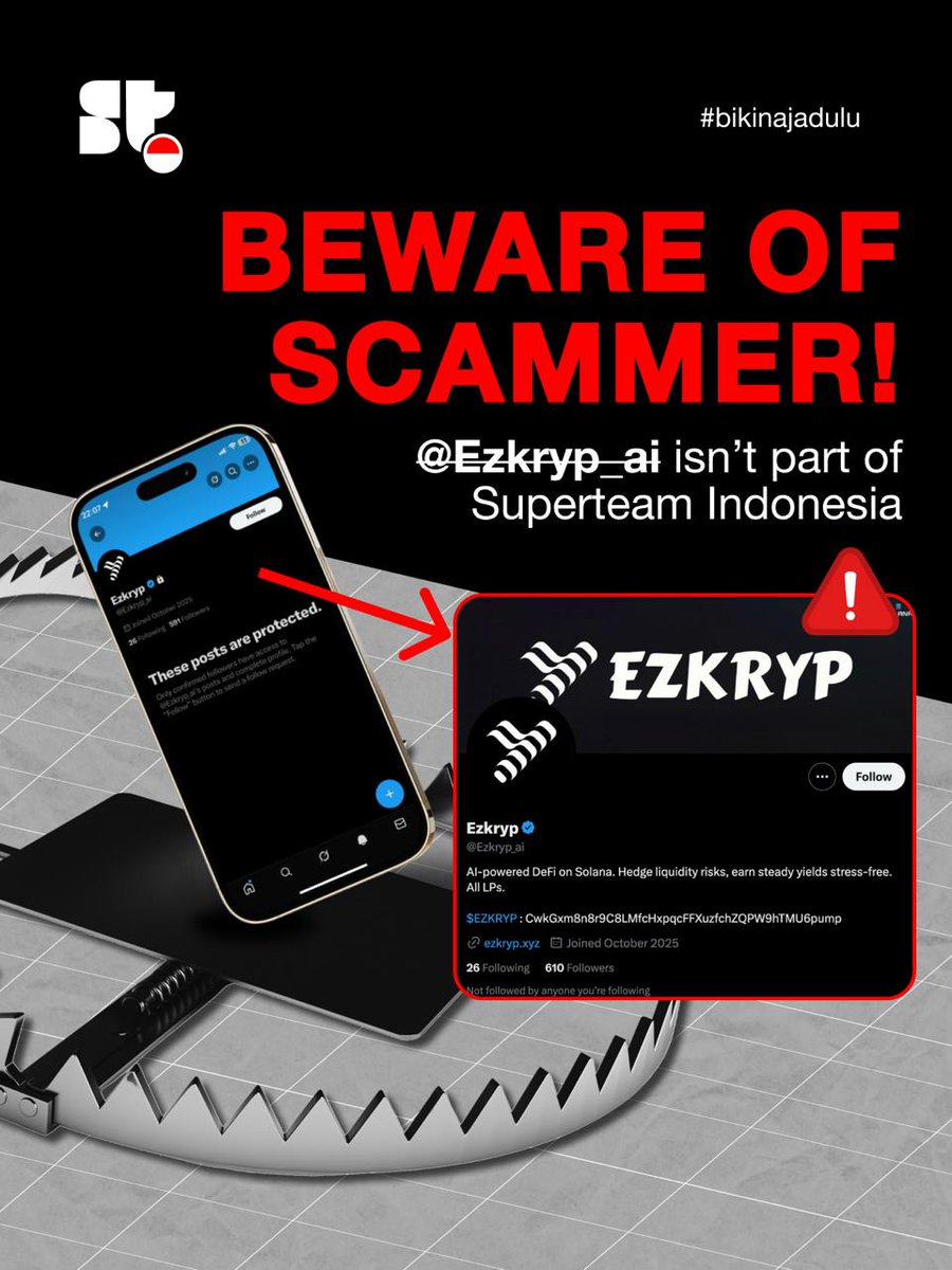 SuperteamINDO's tweet image. 🚨 SCAM ALERT 🚨
Beware of accounts like @Ezkryp_ai
pretending to be affiliated with Superteam Indonesia.
They are mirroring one of our team projects without permission.
Please report the account and stay cautious, all official updates will always come from our socials.