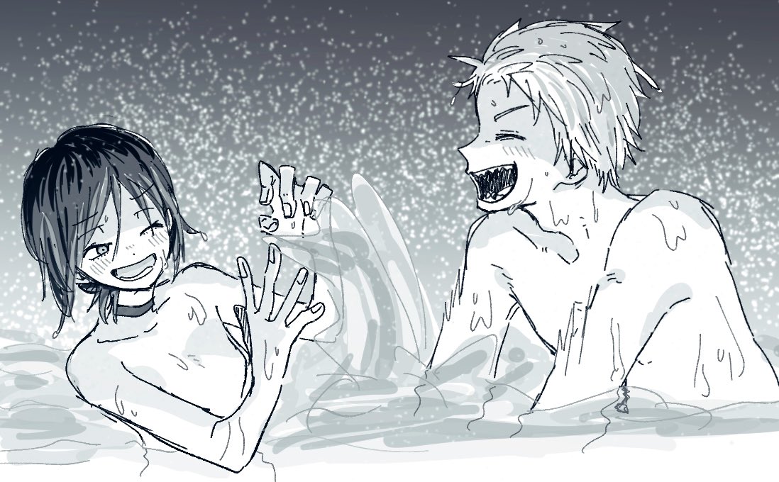 デンレゼ......雨が降ってきた後デンジ君がウラァッっつってレゼに水バシャァッってするあの一瞬のシーンが尊...好き... 