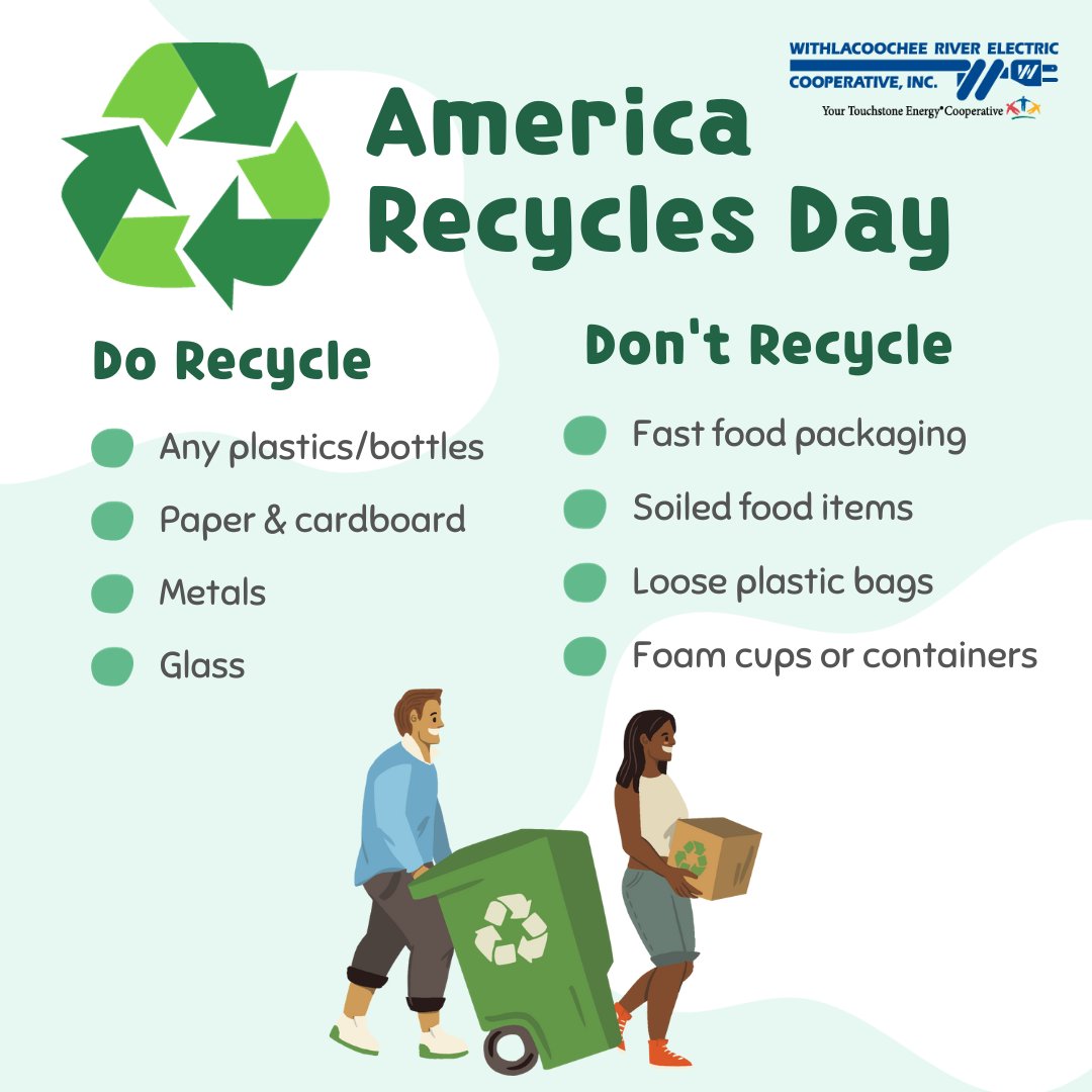 WRECCoop's tweet image. ♻️ Happy America Recycles Day! ♻️

Today we celebrate the power of recycling and the positive impact it has on our communities and our planet. 🌍

Check your local recycling guidelines, spread the word, and commit to recycling more every day. 💚 #wreccoop