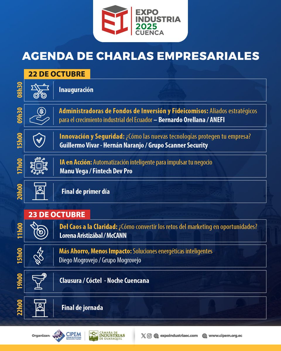 No te pierdas ExpoIndustria Cuenca 2025 este 22 y 23 de octubre en el Centro de Convenciones Mall del Río.
Prepárate para dos días llenos de conocimiento, innovación y visión empresarial con charlas de alto nivel que impulsarán el crecimiento de tu empresa.