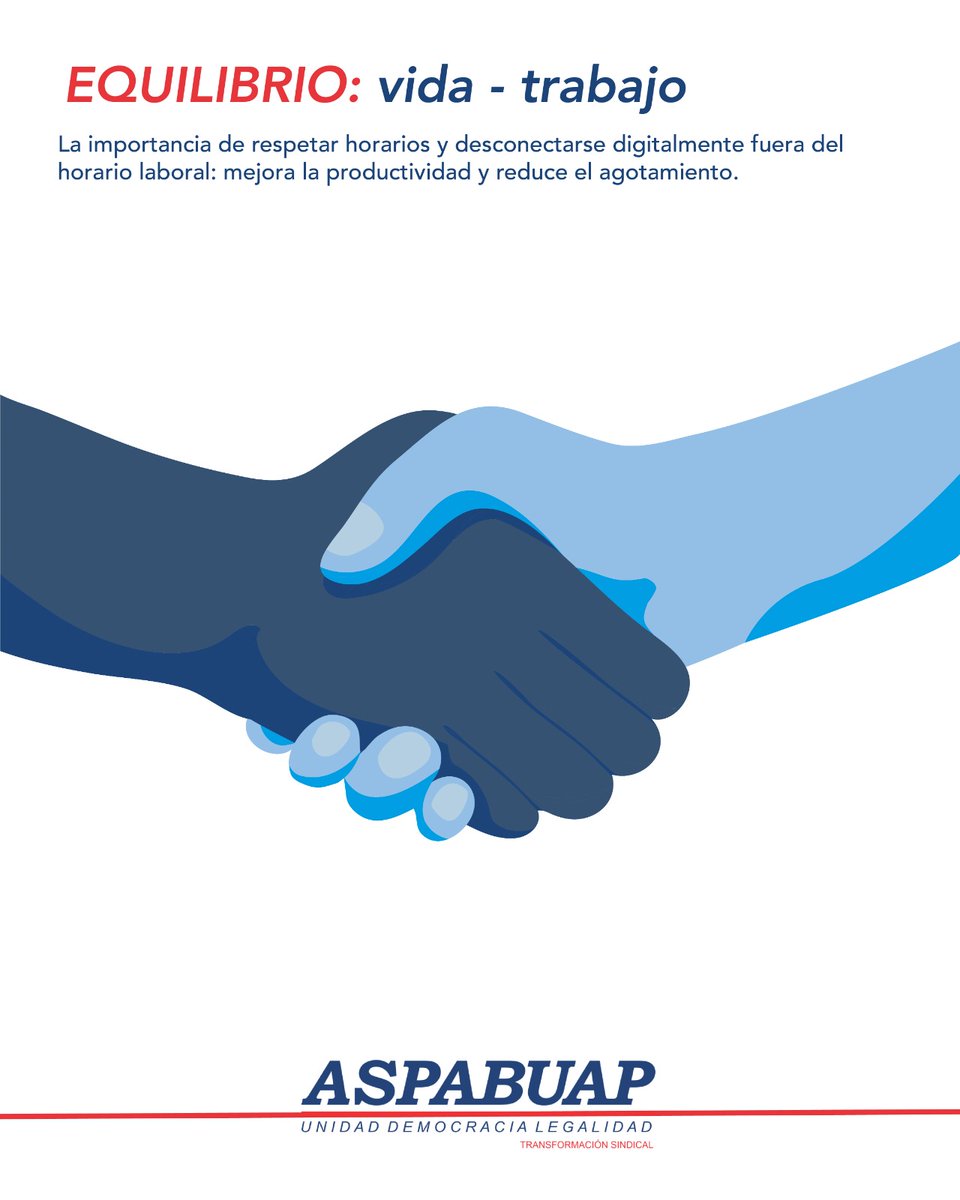 Promovamos juntos una cultura de equilibrio entre vida y trabajo, porque en nuestra comunidad sindical, tu salud y descanso son prioridad.

#ASPABUAP #EquilibrioVidaTrabajo #BienestarLaboral
#SomosUnaGranFamilia