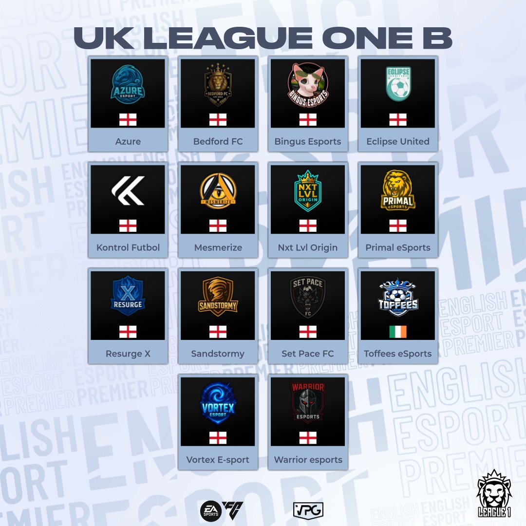 OfficialVPG's tweet photo. ⚽ Welcome to the @VPGUK League 1B!
🎮 We’re BACK for the first season on @EASPORTSFC!
🗓️ Matchdays: Mon, Tue & Thu
⏰ 20:00–20:25 UK Time

📋 Teams list: 
@AZ3Gaming_
@Bedford__FC
@BingusEsports
@Eclipse_Utd
@kontrolfutbol_
@MesmerizeFIFA
@NextLvlHQ
@PrimalVPG
@resurge__x
@SetPaceFC
@Toffees_eSports
@VortexVpg 
@WarriorEs123

Good luck to all teams!
📜 Rules: https://t.co/sKjapGM3ZN

#FC26 #VPG #ProClubs #EAFC
#WhereTheChampionsPlay