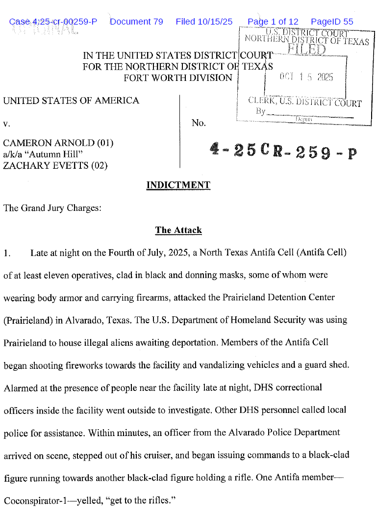 ICEgov's tweet photo. A grand jury indicted two members of a North Texas antifa cell for their involvement in the July 4 terror attack on ICE’s Prairieland Detention Center in Alvarado, TX.

Despite the violent attack, our mission continues. ICE will relentlessly defend the United States from criminal aliens and domestic terrorists.

We appreciate the DOJ’s hard work on this case.