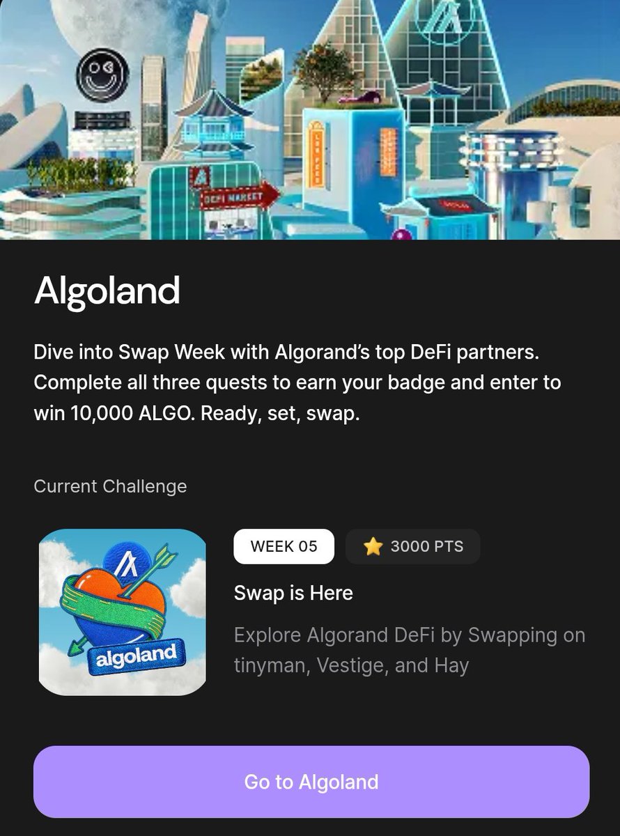 PeraAlgoWallet's tweet image. Week 5 of Algoland is here 🙌

Swap through @tinymanorg, @vestigefi, and @haydotapp for a chance at 10k ALGO💰

Get started with Pera today 🤝