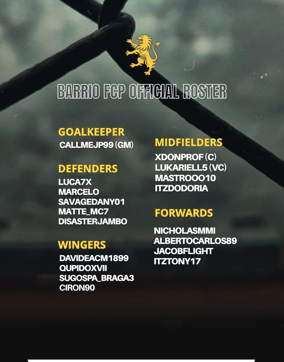HERE WE ARE ✅

Barrio FCP Official Roster 🔥

#MiCasaEsElBarrio 

<a href="/VPGItaly/">Virtual Pro Gaming Italy 🇮🇹</a> 
<a href="/VPGEurope/">Virtual Pro Gaming | Europe</a> 
<a href="/proleagueit/">ProLeague Italia</a>