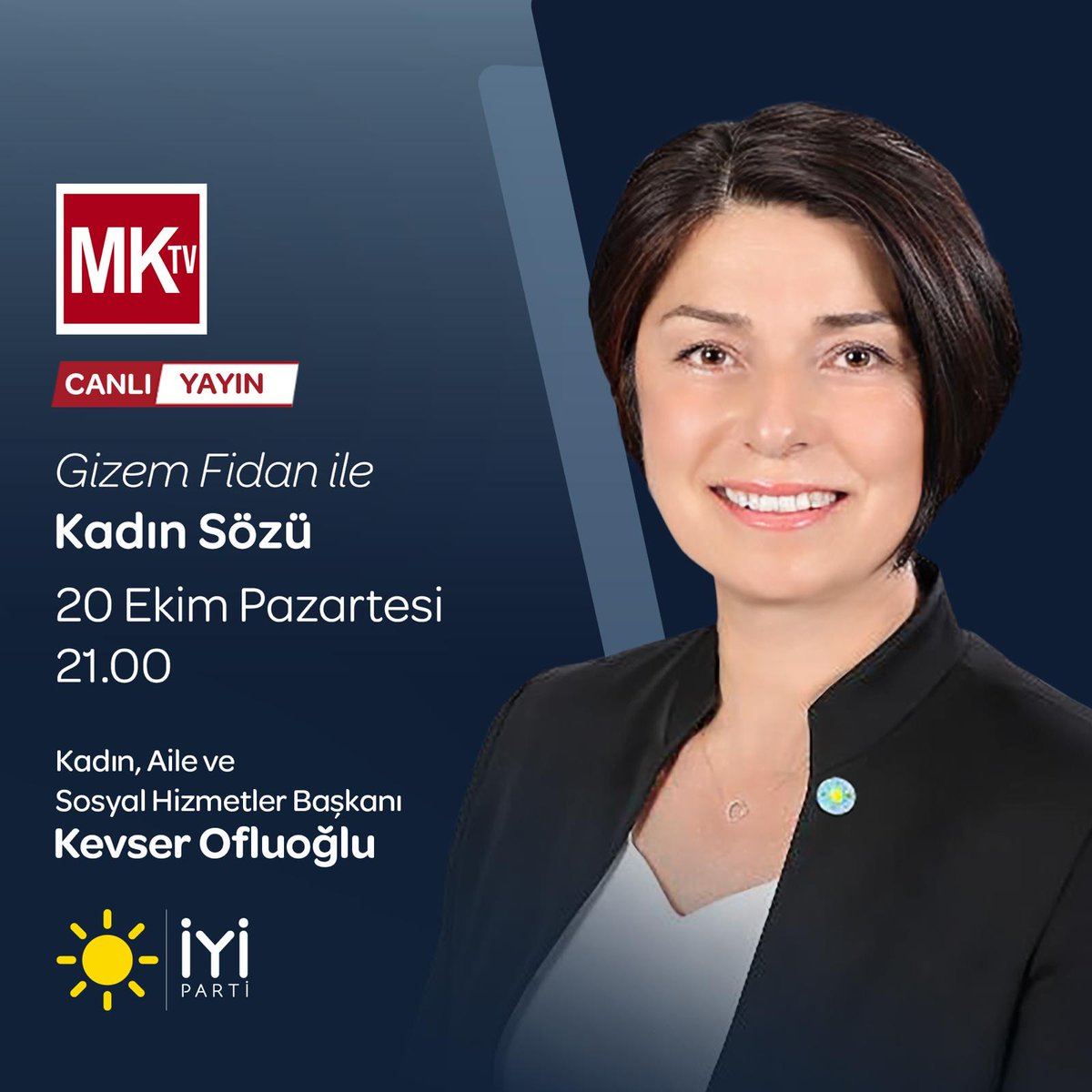 İYİ PARTİ KADIN, AİLE VE SOSYAL HİZMETLER BŞK (@iyipartikashbsk) on Twitter photo İYİ Parti Kadın Aile ve Sosyal Hizmetler Başkanımız Sayın Kevser Ofluoğlu,
🗓 22 Ekim Pazartesi (bugün)
⏰️ saat: 21.00'da
📺 MK Tv'de Gizem Fidan ile #KadınSözü programının konuğu olacaktır.
Sizleri de ekran başına bekliyoruz. ☀️
<a href="/iyiparti/">İYİ Parti</a>
<a href="/MDervisogluTR/">Müsavat Dervişoğlu</a>
<a href="/KevserOfluoglu/">Kevser Ofluoğlu</a> İYİ Parti Kadın Aile ve Sosyal Hizmetler Başkanımız Sayın Kevser Ofluoğlu,
🗓 22 Ekim Pazartesi (bugün)
⏰️ saat: 21.00'da
📺 MK Tv'de Gizem Fidan ile #KadınSözü programının konuğu olacaktır.
Sizleri de ekran başına bekliyoruz. ☀️
<a href="/iyiparti/">İYİ Parti</a>
<a href="/MDervisogluTR/">Müsavat Dervişoğlu</a>
<a href="/KevserOfluoglu/">Kevser Ofluoğlu</a>