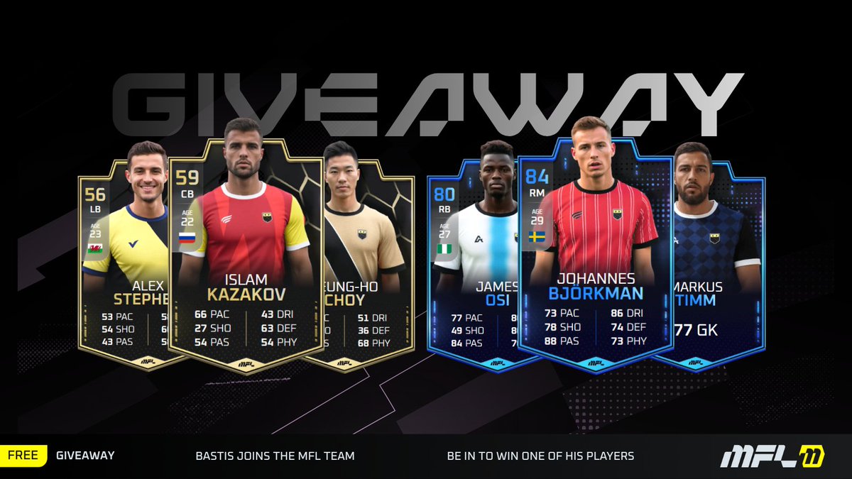 MFL (@playmfl) on Twitter photo It's (HUGE) Giveaway Time!
The man behind <a href="/mflmanagerfr/">Bastien (MFL Manager FR)</a> has joined the MFL Team... and he's giving away some of the players in his agency 🔥
Be in to win one of SIX players, including RARE ones 🤯
Join:
• Like and RT
• Leave your MFL username in the replies below It's (HUGE) Giveaway Time!
The man behind <a href="/mflmanagerfr/">Bastien (MFL Manager FR)</a> has joined the MFL Team... and he's giving away some of the players in his agency 🔥
Be in to win one of SIX players, including RARE ones 🤯
Join:
• Like and RT
• Leave your MFL username in the replies below