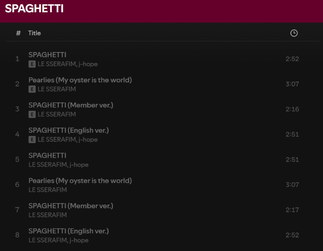 lpopchartmaster's tweet image. Both songs on #LE_SSERAFIM’s new single album "SPAGHETTI" are labelled 'EXPLICIT' on Spotify.
— Out October 24th (FRI) 1PM KST