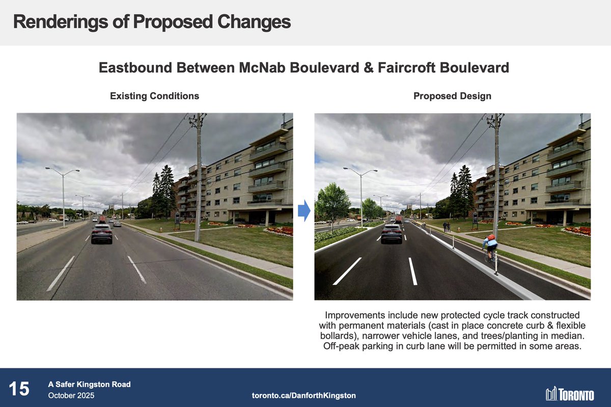 The City of Toronto is proposing changes to approximately 6 km of Kingston Rd, from Cliffside Dr. to Scarborough Golf Club Rd.

Virtual Public Meeting
Tuesday October 21, 2025
7:00 pm to 8:30 pm

REGISTER>
toronto.webex.com/webappng/sites…

#ScarbTO #bikeTO #walkTO #Ward20 #Ward24