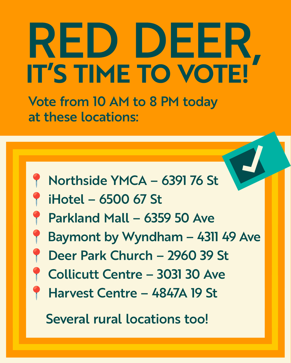 CommStrongAB's tweet image. Today is the day! Vote for the Mayor, council &amp;amp; school board trustees in Red Deer. Polls are open 10 AM to 8 PM. Find your local polling station below, and don’t forget your ID. Already voted? Share it with our “I Voted” toolkit! app.sosha.ai/toolkit/f91f5a… #IVotedAB