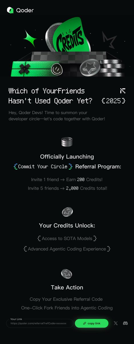 qoder_ai_ide's tweet image. We're moving fast because you care. Coming in the next few weeks:
- Linux support
- Model tier switching
- JetBrains plugin
Referral program just dropped:
- 5 invites = 2,000 credits total. And so on.
- Use on IDE or CLI - your choice
Your credits unlock SOTA models & advanced…