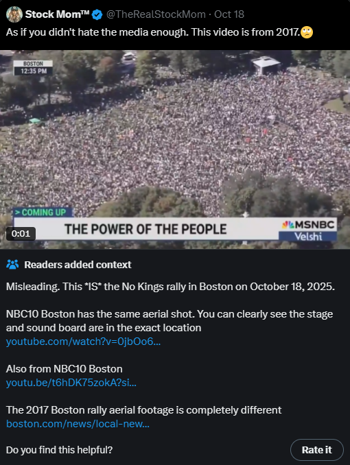 MAGA troll farms attempted to gaslight the US public to turn them away from the NoKings protest coverage. They spread disinformation ranging from "the protests aren't real" to "these videos are from [insert different date or event]". It was a coordinated disinfo attack.