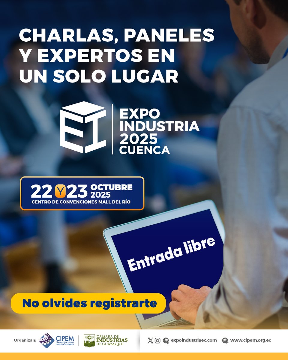 ⏰ ¡La cuenta regresiva está en marcha!
Faltan solo días para la ExpoIndustria Cuenca 2025, el evento industrial más importante del Ecuador.

📅 22 y 23 de octubre
📍 Centro de Convenciones Mall del Río – Cuenca