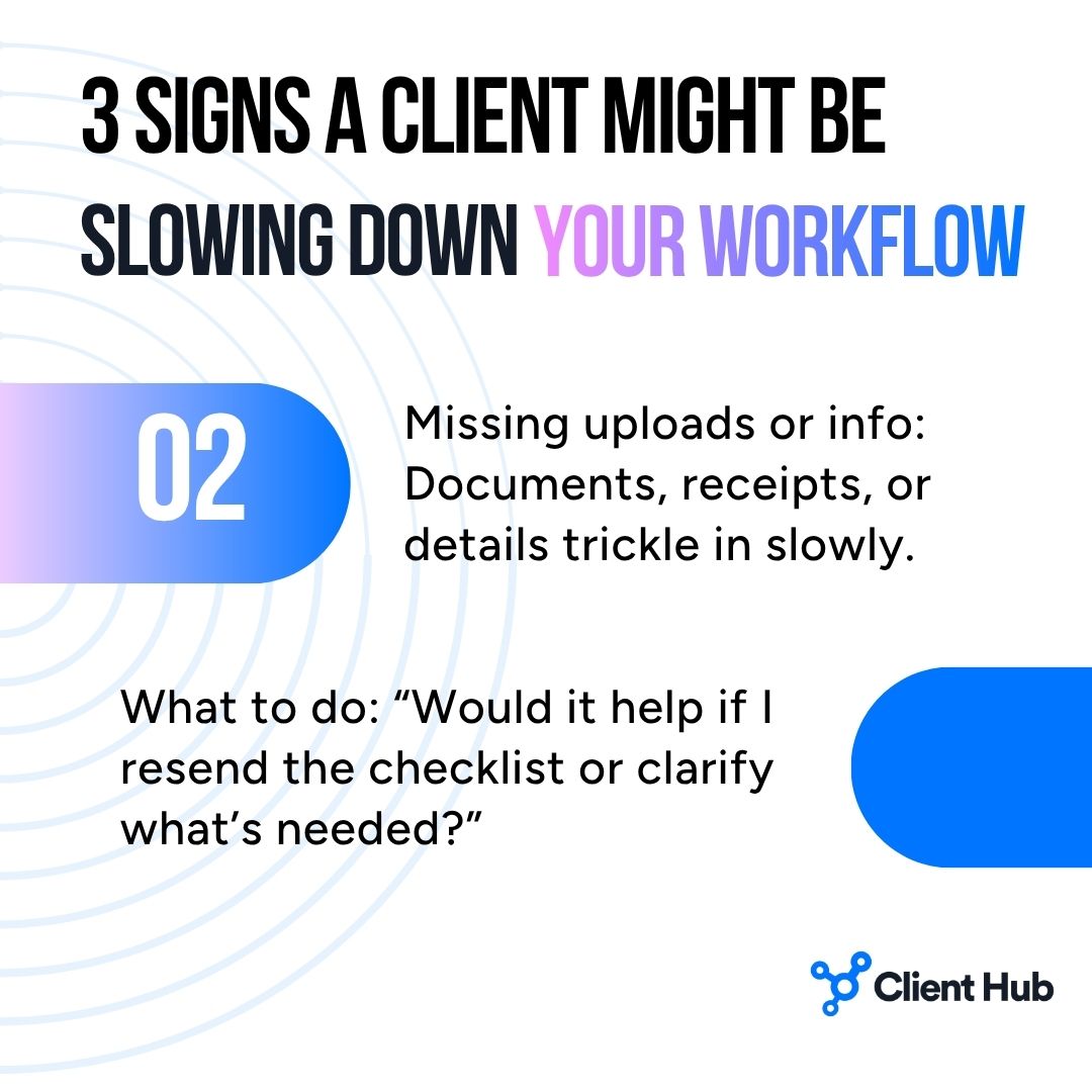 ClientHubApp's tweet image. When your workflow slows, check these subtle signs for your client:
- Tasks drag on
- Info always pending
- Conversations go in circles
A quick “Can I help move this along?” helps you reset the rhythm gently!
#ClientHub #WorkflowMagic