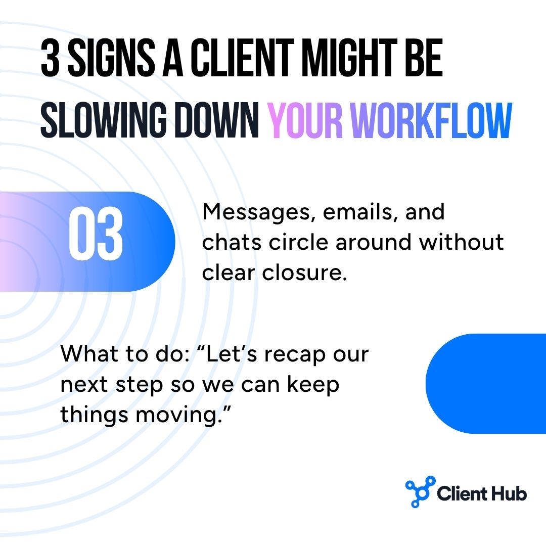 ClientHubApp's tweet image. When your workflow slows, check these subtle signs for your client:
- Tasks drag on
- Info always pending
- Conversations go in circles
A quick “Can I help move this along?” helps you reset the rhythm gently!
#ClientHub #WorkflowMagic