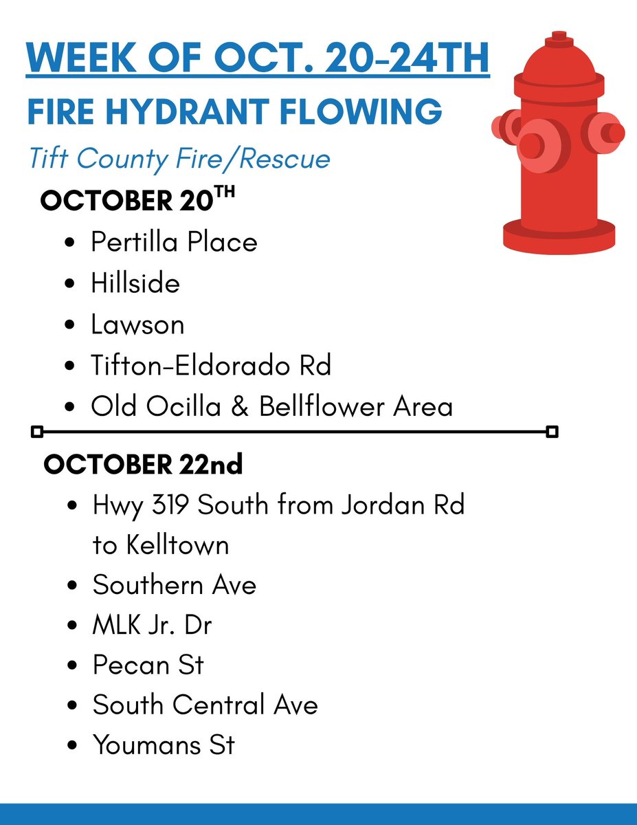 Attention Residents, Tift County Fire Dept will be testing fire hydrants again this week in the following areas.  This may cause brown water issues for customers.