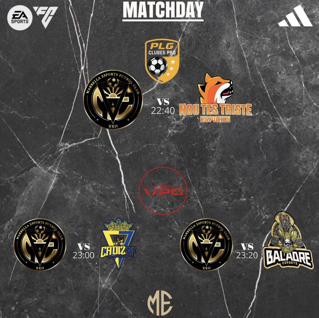 ⚪️⚫️ 𝑴𝒂𝒓𝒃𝒆𝒍𝒍𝒂 𝒆𝑺𝒑𝒐𝒓𝒕𝒔  ⚫️⚪️

#𝑴𝑨𝑻𝑪𝑯𝑫𝑨𝒀  | #𝐄𝐀𝐅𝐂𝟐𝟔  🏟️🎮⚽️
 
🏆 @PLGeFootBall 𝟯ª𝗗𝗶𝘃 (J1)
🆚 <a href="/noutestriste/">NouTesTriste eSports</a> 
⌚️ 𝟮𝟮:𝟰𝟬𝙃𝙧𝙨.

🏆 <a href="/VPG_Spain/">Virtual Pro Gaming España</a> 𝟮ª𝗗𝗶𝘃 (J1)
🆚 <a href="/Cadiz_CFESports/">Cádiz CF eSports</a> 
⌚️ 𝟮𝟯:𝟬𝟬𝙃𝙧𝙨.

🏆 <a href="/VPG_Spain/">Virtual Pro Gaming España</a> 𝟮ª𝗗𝗶𝘃 (J2)
🆚 <a href="/BaladreSports/">Baladre eSports</a>