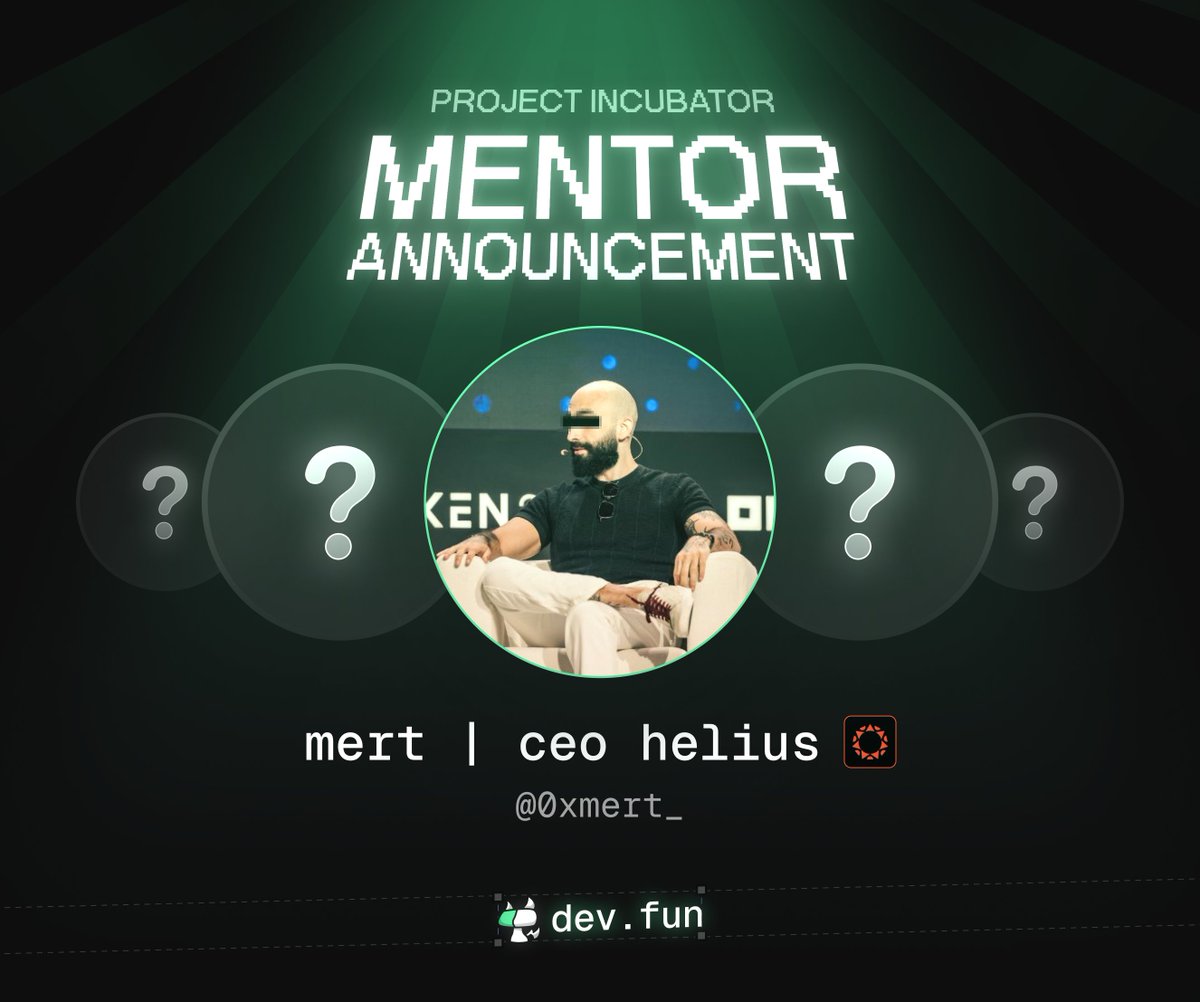 devfunpump's tweet image. we&apos;re excited to welcome @0xMert_ as the first mentor of our Projects Incubator

as a leading figure in the Solana ecosystem, Mert will help accelerate devfun Projects and ICM. more mentors announced soon.

apply to the Projects Incubator below 👇