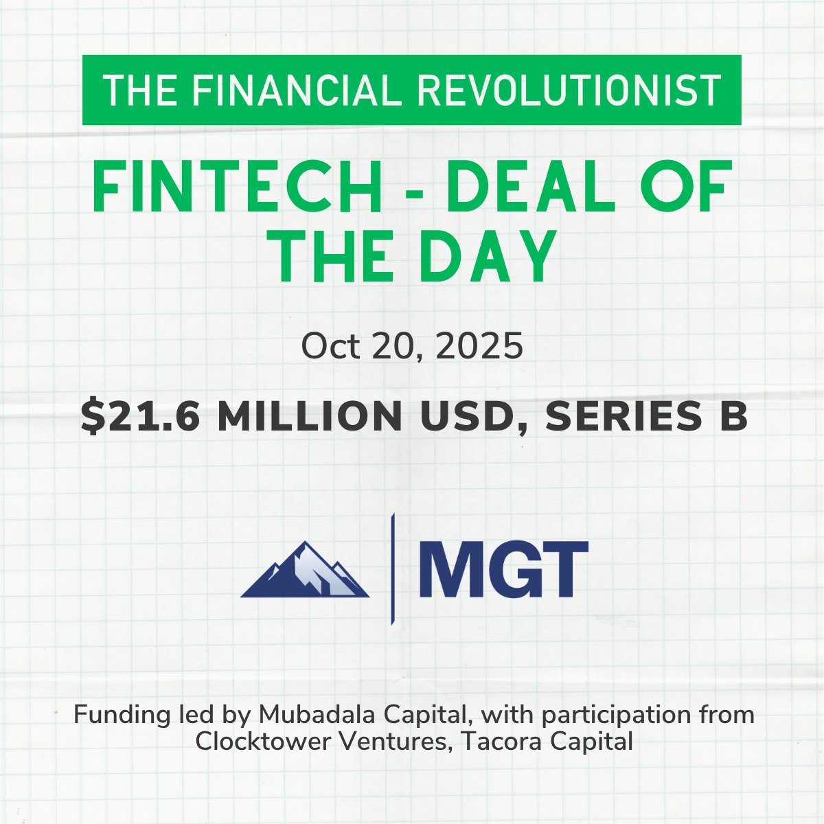 Today's #fintechdeal is for <a href="/mgtinsurance/">mgtinsurance</a>, an SF-based AI-driven neo-insurer modernizing commercial P&amp;C insurance, that raised $21.6 million in Series B funding. 🚀💲💲💲

👉 Subscribe to the FR for the latest on the top #fintech deals: lnkd.in/gWknJFj6

#FintechNews