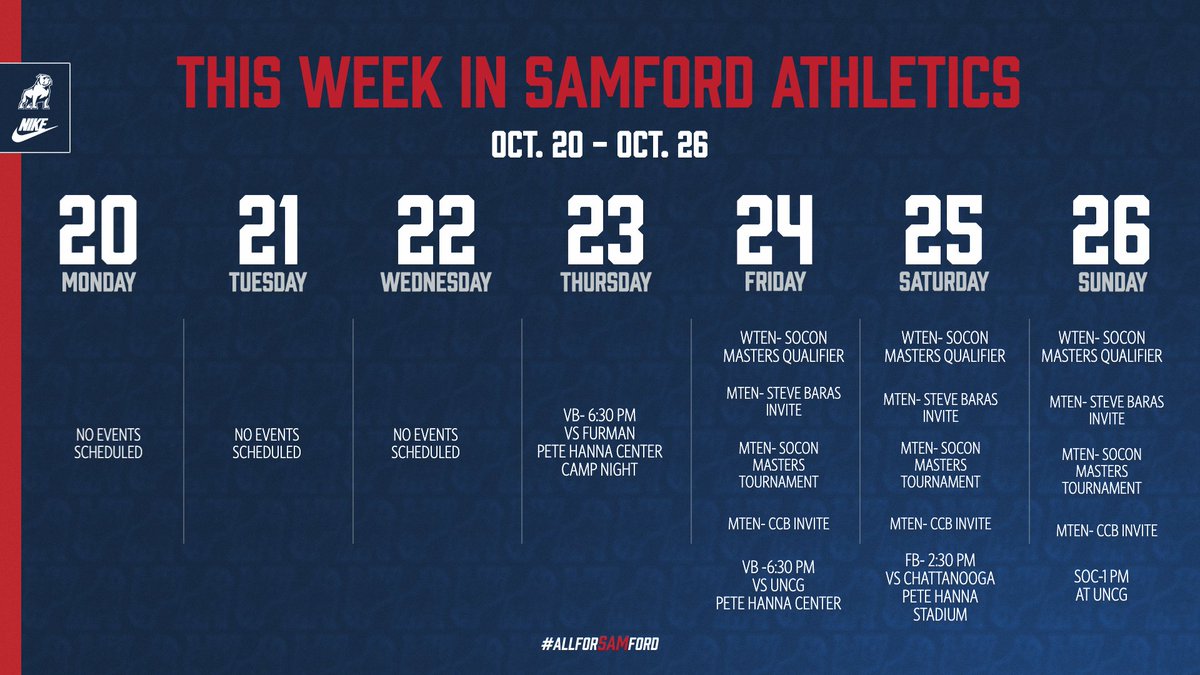 Samford Sports (@samfordsports) on Twitter photo ๐๐ก๐ข๐ฌ ๐๐๐๐ค ๐ข๐ง ๐๐๐ฆ๐๐จ๐ซ๐ ๐๐ญ๐ก๐ฅ๐๐ญ๐ข๐๐ฌ โคต๏ธ
<a href="/SamfordVB/">Samford Volleyball</a> have Camp Nightโผ๏ธ๐๏ธ
<a href="/SamfordFootball/">Samford Football</a> host UTC๐ ๐
<a href="/SamfordSoccer/">Samford Soccer</a> are on the road๐โฝ๏ธ
#AllForSAMford ๐๐ก๐ข๐ฌ ๐๐๐๐ค ๐ข๐ง ๐๐๐ฆ๐๐จ๐ซ๐ ๐๐ญ๐ก๐ฅ๐๐ญ๐ข๐๐ฌ โคต๏ธ
<a href="/SamfordVB/">Samford Volleyball</a> have Camp Nightโผ๏ธ๐๏ธ
<a href="/SamfordFootball/">Samford Football</a> host UTC๐ ๐
<a href="/SamfordSoccer/">Samford Soccer</a> are on the road๐โฝ๏ธ
#AllForSAMford