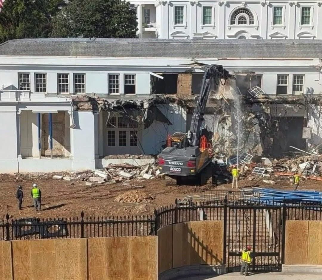 Is this picture real? Are they seriously razing the East Wing of the White House by mechanical demolition?  If any building in the country would justify deconstruction and reuse of the materials, wouldn't it be the White House? Wouldn't many Americans buy a piece of the landmark?