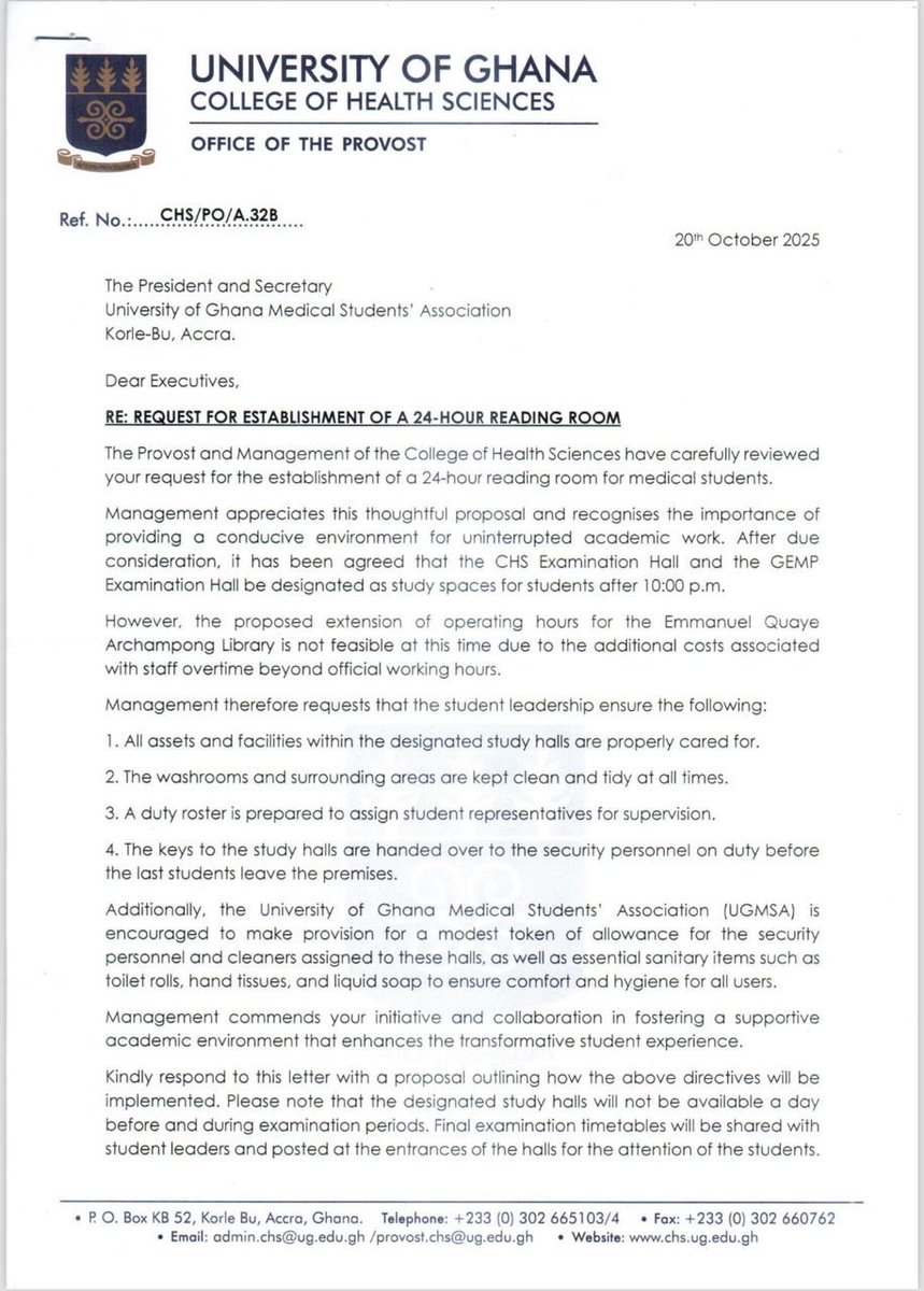 Dear UGMSA,
It is with great pleasure that we share some excellent news with the entire student body. The long-awaited request for an extended-hour study space has been officially approved by the Provost and Management of the College of Health Sciences.🥳🥳