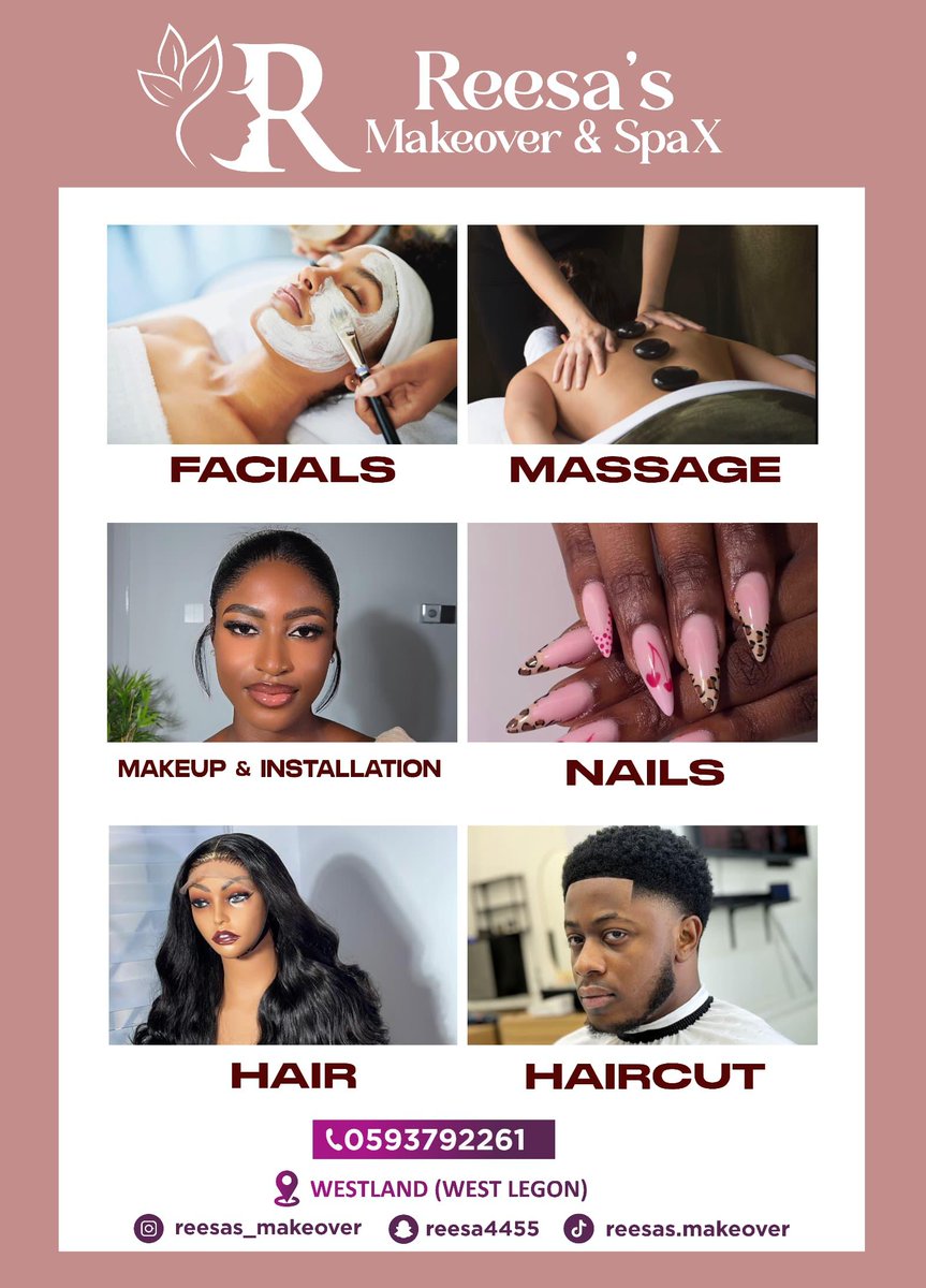 JoyNewsOnTV's tweet image. #Ad ✨ Self-care looks good on you! 💅🏾 

From flawless facials and soothing massages to sleek hair, nails &amp;amp; haircuts — Reesa’s Makeover &amp;amp; SpaX has you covered.

Find us at Westland (West Legon) or call 0593792261 to book your glow-up today! 💆🏾‍♀️💇🏾‍♂️

 #SpaDay #BeautyGoals