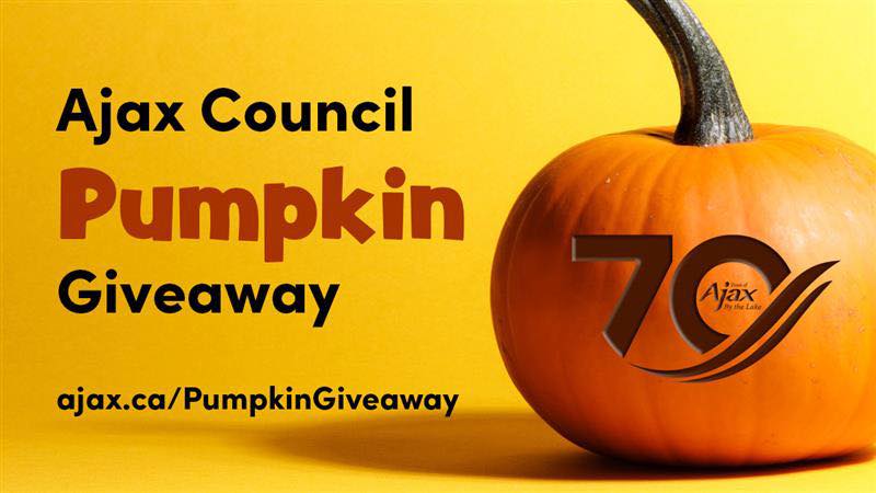It’s pumpkin season! The community is invited to join #AjaxCouncil for a special pumpkin giveaway event!

Tuesday, October 21, 2025
6 – 8 p.m.
Community Hall, Entrance C, Audley Recreation Centre

What to Expect:
- Free pumpkins from Wintermere Sod Growers &amp; Winter Farm