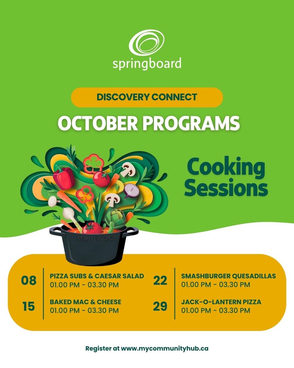 OpSpringboard's tweet image. 🍳 Join Our October Cooking Sessions! 👩‍🍳

#Springboard’s #DiscoveryConnect Team invites adults with #DevelopmentalDisabilities to take part in our fun and interactive Cooking Sessions.

Register 👉 mycommunityhub.ca

#InclusiveCommunity #CommunityPrograms #LifeSkills