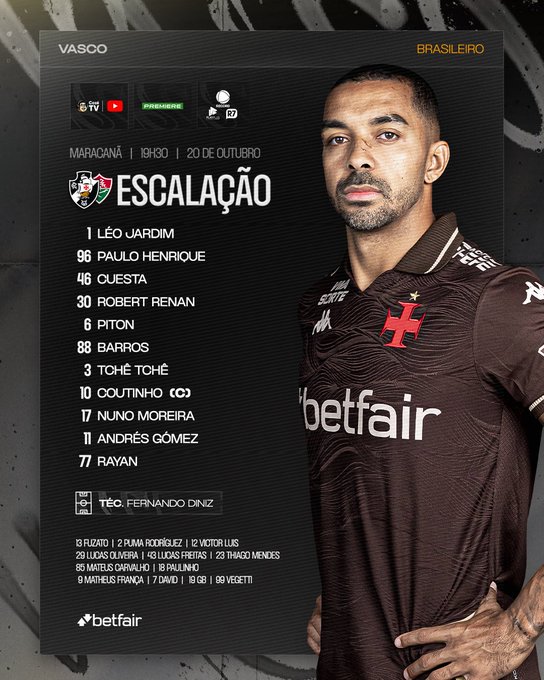 Vasco escalado para enfrentar o  Fluminense