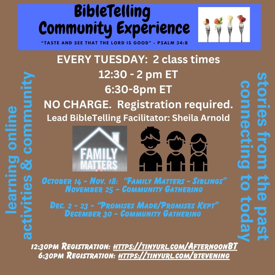 📷 BibleTelling continues tomorrow (10/21) with 2 different class times! No charge for registration, just visit the links to sign up!

12:30pm Register:  tinyurl.com/AfternoonBT
6:30pm Register:   tinyurl.com/BTevening

#sheilaarnold #bibletelling #bible