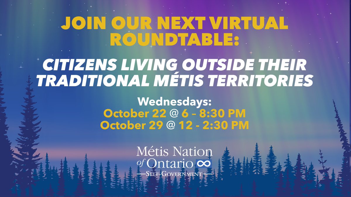 Whether you live in your traditional Métis community—or outside of it—your voice matters. At our virtual roundtables, you’ll:
-Share your ideas
-Hear what others have said
-Say which ideas you agree with

Oct 22–bit.ly/473QuF2
Oct 29–bit.ly/4nZWTXD