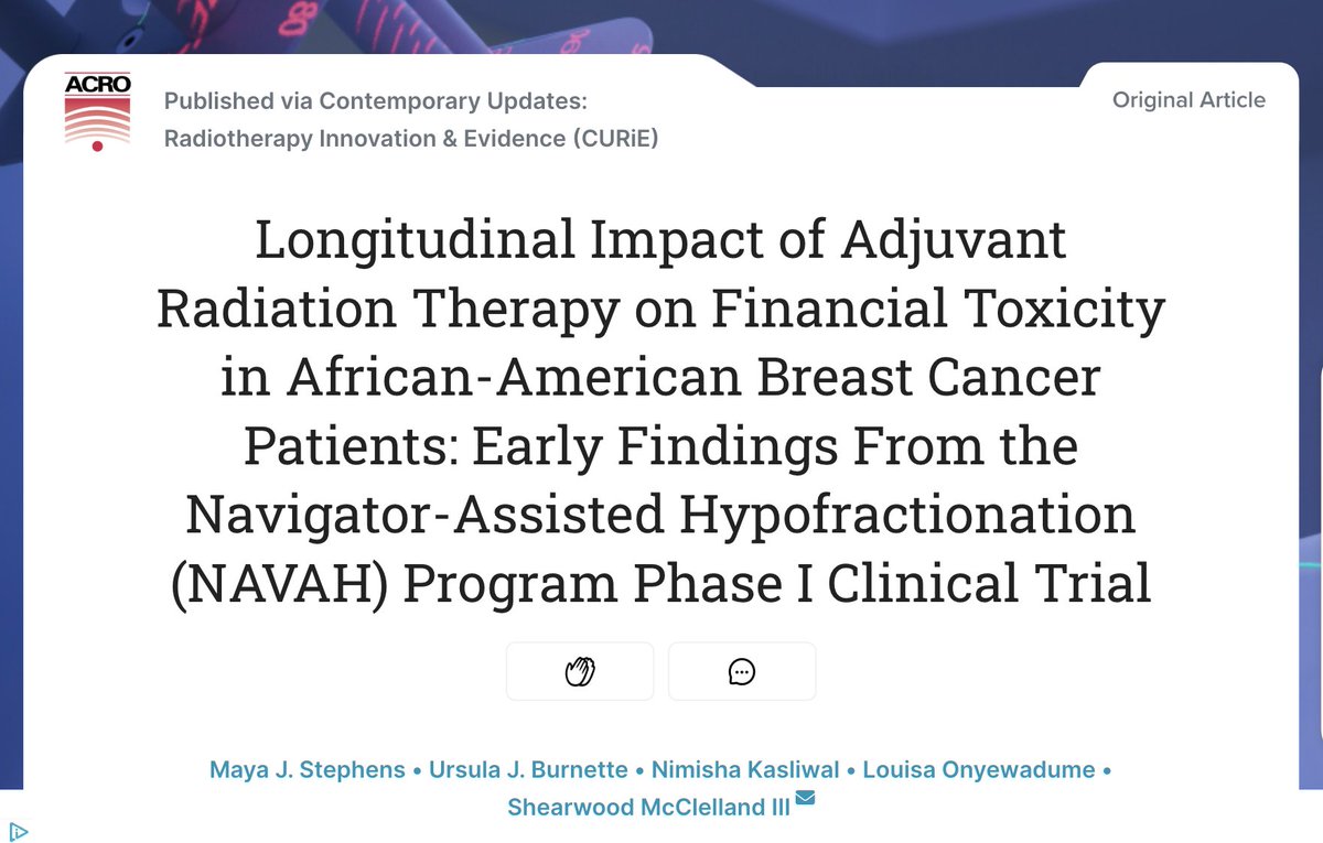 ACRORadOnc's tweet image. #CURiEAlert: &quot;Longitudinal Impact of Adjuvant #RadiationTherapy on Financial Toxicity in African-American #BreastCancer Patients: Early Findings from the NAVAH Program Phase I Clinical Trial&quot; is published! 

Check it out: cureus.com/articles/37604…