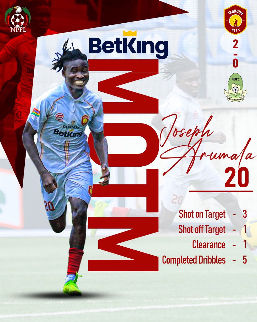 A monstrous performance yesterday against the Solid miners from Lafia.

Joseph Arumala is our <a href="/BetKingNG/">BetKing Nigeria 👑</a> man of the match against Nasarawa United

#OgaBoys [] #WeAreIkoroduCityFC