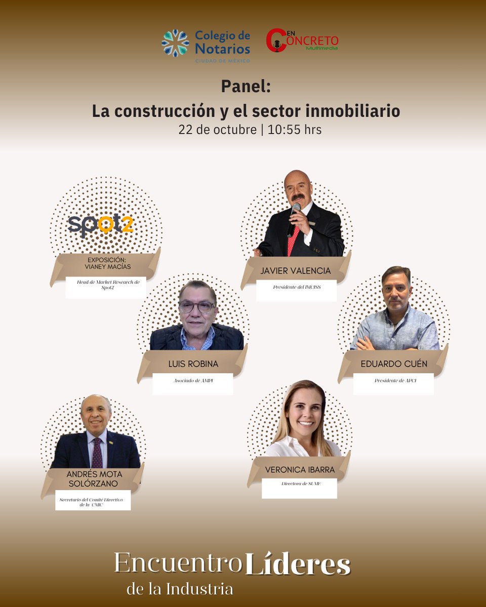 No te pierdas el #EncuentroLíderes de la Industria #EnConcreto desde el @ColegioNotarios CDMX 

🏛️Panel: “La #construcción y el sector #inmobiliario”
🔹 Vianey Macías, Head de Market Research de #Spot2
🔹Javier Valencia, Presidente del <a href="/imciss/">IMCISS</a>
 🔹Marcela Heredia (<a href="/marcelaheiz/">Marcela Heredia</a> ),