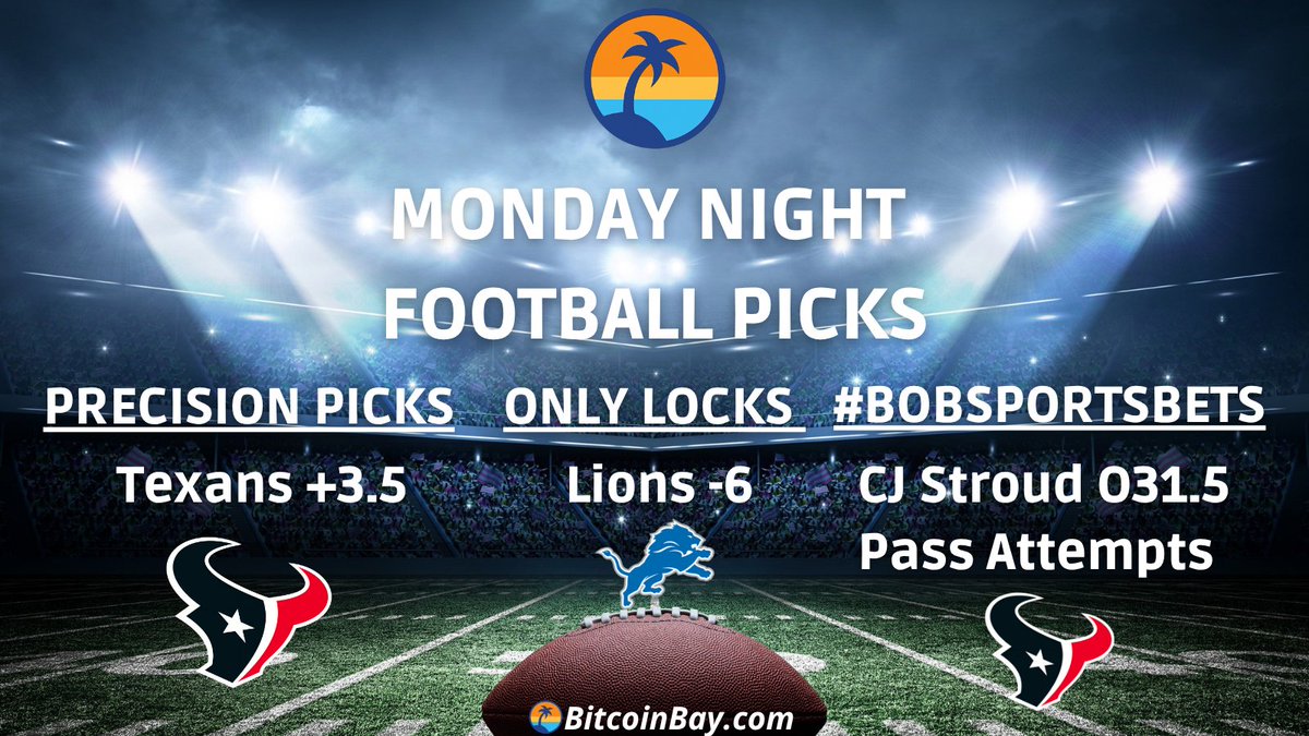 Bitcoin Bay (@bitcoinbay_com) on Twitter photo 🏈Monday Night Picks🏈
<a href="/_PrecisionPicks/">Precision Picks</a> 
🎯Texans +3.5
<a href="/OnlyLocksPicks/">Only Locks</a> 
🔒Lions -6
<a href="/BobSportsBets/">#BobSportsBets</a> 
🏈CJ Stroud O31.5 Pass Att.
🚨Special Promo🚨
👉Comment who you're tailing
👉Screenshot Ticket #
👉Winners receive up to $100
Overall Last Monday: 2-1 🔥
#GamblingX #NFLPicks 🏈Monday Night Picks🏈
<a href="/_PrecisionPicks/">Precision Picks</a> 
🎯Texans +3.5
<a href="/OnlyLocksPicks/">Only Locks</a> 
🔒Lions -6
<a href="/BobSportsBets/">#BobSportsBets</a> 
🏈CJ Stroud O31.5 Pass Att.
🚨Special Promo🚨
👉Comment who you're tailing
👉Screenshot Ticket #
👉Winners receive up to $100
Overall Last Monday: 2-1 🔥
#GamblingX #NFLPicks