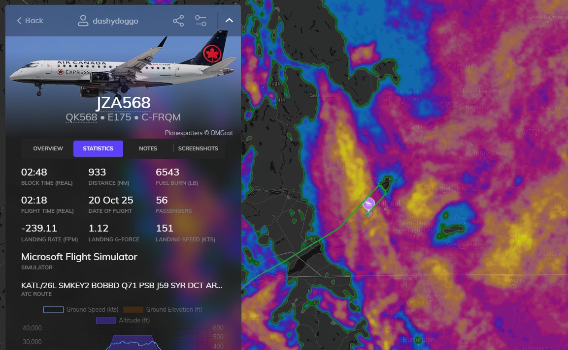 dashydoggo's tweet image. Laned at CYUL, JZA568 - E175
There was some pretty bad weather that came up during my approach, and I also forgot to tune my ILS so I had to fly with my approach with instruments and little visibility lmao