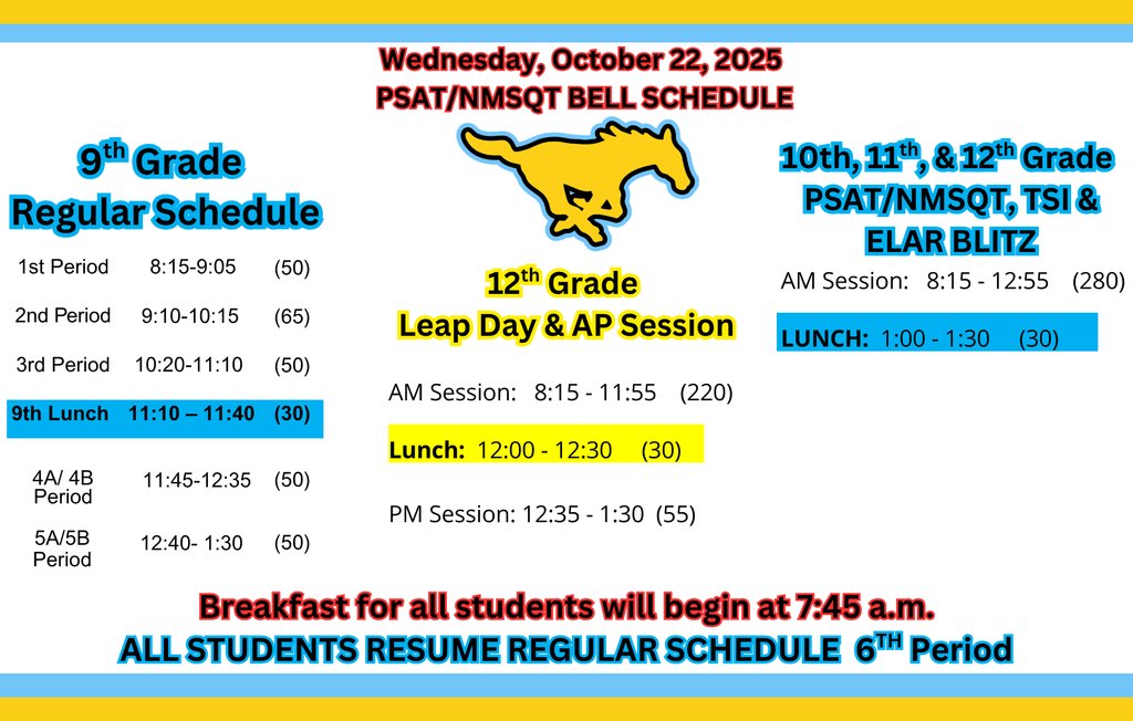 🩵🎯 Wednesday, Oct. 22 – Big Day for Mustangs!🎯💛
💻 Bring your fully charged Chromebook &amp; charger
🥞 Breakfast at 7:45 a.m.
⏰ Arrive by 8:05 a.m.
🚪 No early pick-ups before 1:30 p.m.

Let’s make it a smooth, successful day, Mustangs! 🩵💛