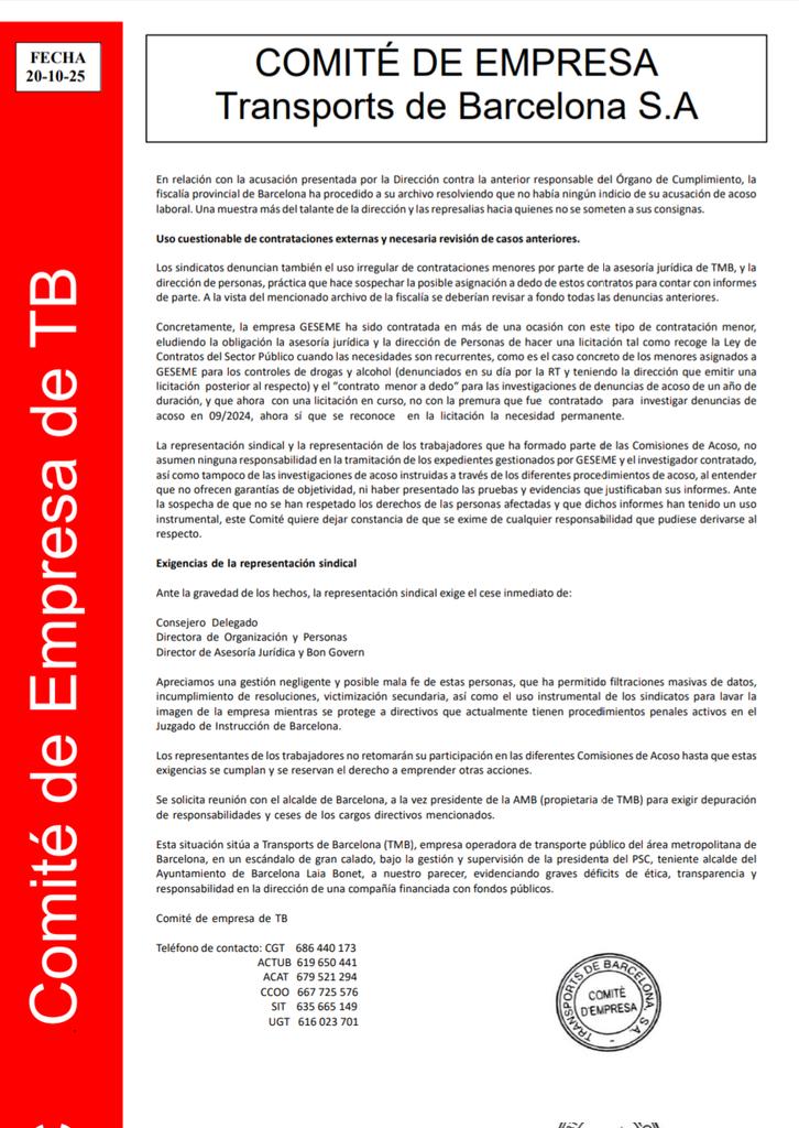 Comunicado de Prensa COMITE DE EMPRESA TB 20-10-25