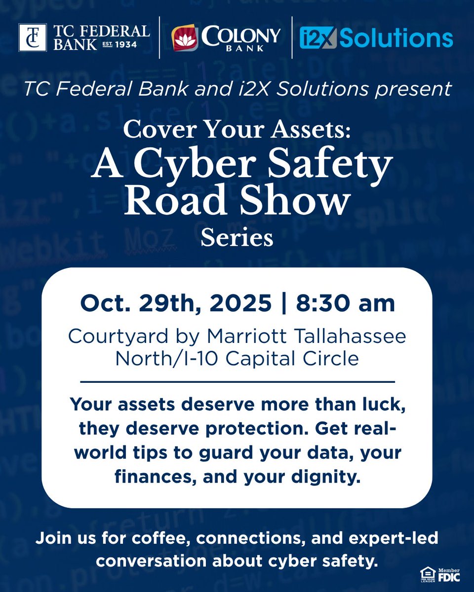 i2xsolutions's tweet image. Join TC Federal Bank, i2x Solutions &amp;amp; Colony Bank for a one-hour seminar to protect your data, dollars &amp;amp; digital world.

📅 Oct 29 | 8:30 AM
☕️ Coffee + cybersecurity insights

Register: loom.ly/w9J8164

#CyberSafetyRoadShow #CybersecurityAwarenessMonth