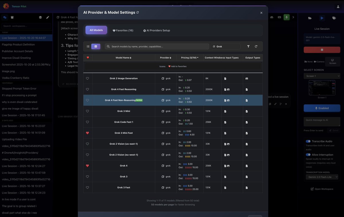 Tensor_Pilot's tweet image. 🚀 Unlock the full power of Grok AI on TensorPilot! All Grok models—from Grok 2 Generation to Grok Vision (fast &amp;amp; mini)—are now available in our app. Fast inference, low prices, endless possibilities. Try them out today: tensorpilot.io #GrokAI #TensorPilot #AI