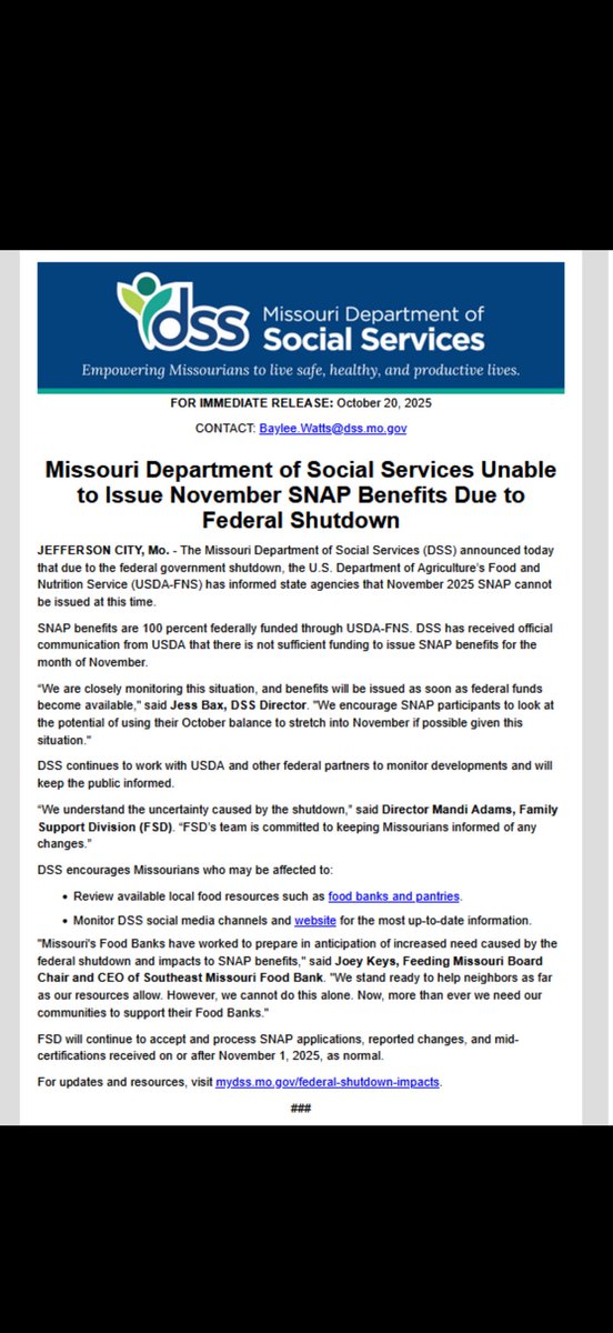 Nov will be tough for people across the county. Here is a Missouri notice as an example of what’s coming.  There will immediate gaps in grocery funding. Caregiver will quickly have to choose rent, food, utilities. Meals will be missed by kids.