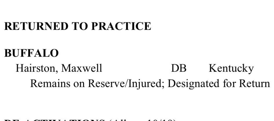 Per the NFL transaction wire the #Bills have designated CB Maxwell Hairston to return to practice opening his 21-day window. 