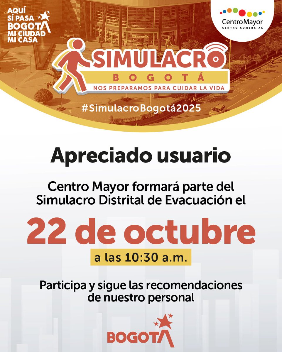 🧡Este 22 de octubre a las 10:30 a.m., en Centro Mayor participaremos en el Simulacro Distrital de Evacuación.
Tu seguridad es lo más importante, por eso te invitamos a participar y seguir las indicaciones de nuestro personal.

#SimulacroBogotá2025 #CentroMayor